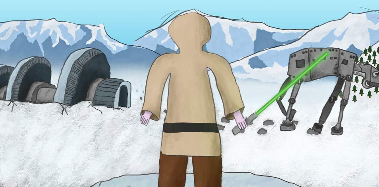 Jedi sieht auf die Schneelandschaft